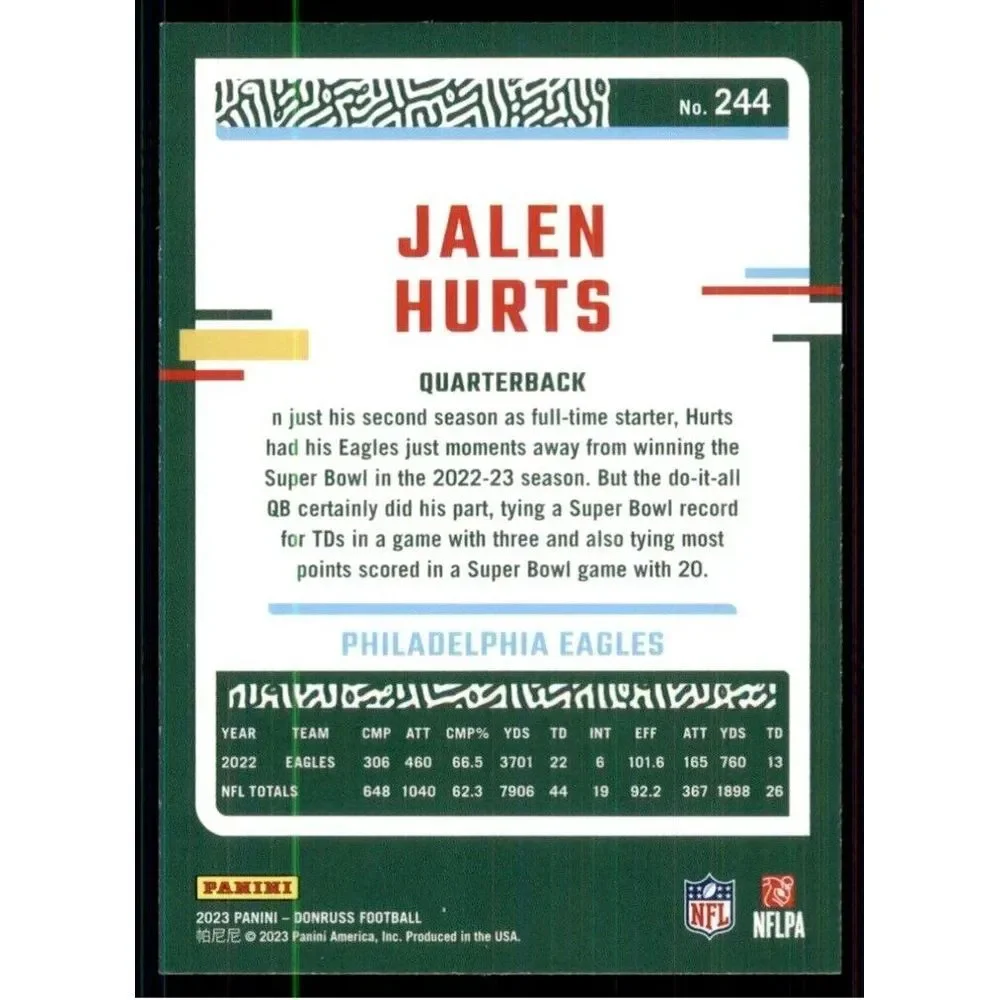 2023 Donruss Base #244 Jalen Hurts -‎ Philadelphia Eagles